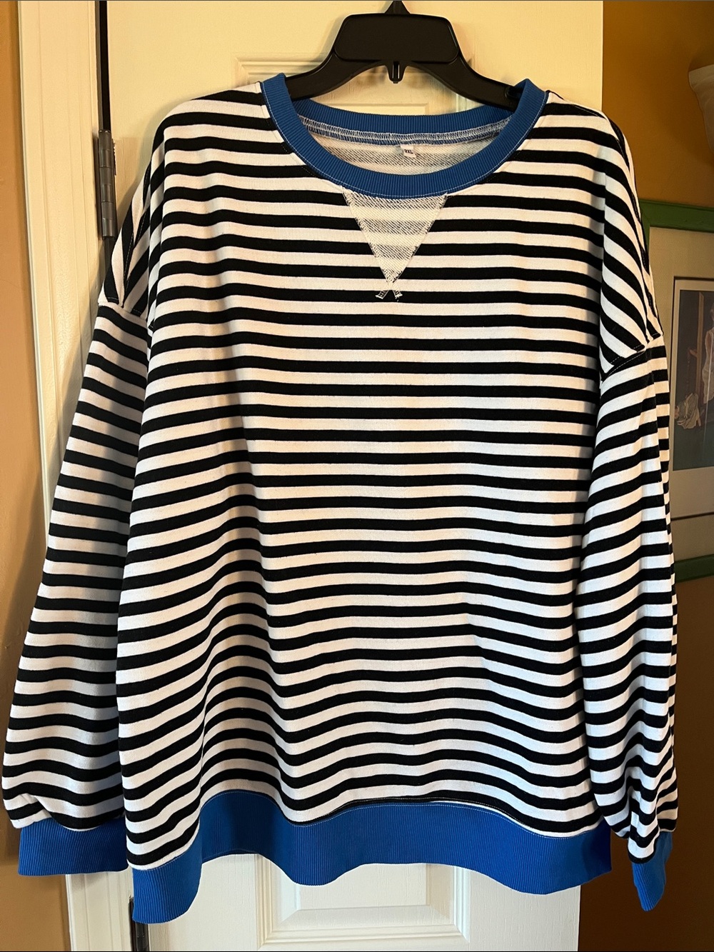 Black & White Striped Sweatshirt with Blue Trim